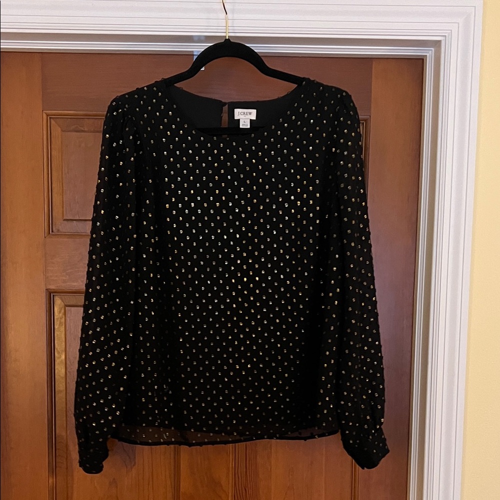 J. Crew Black Blouse with Gold Metallic Dots